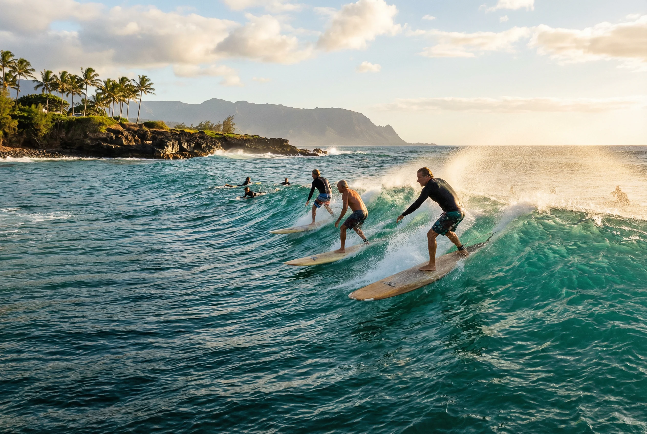 Experienced surfers in the lineup at Kekaha Beach Kauai, a premier surf break with powerful teal waves and golden sunset spray.